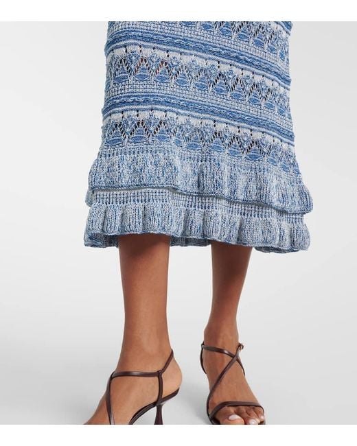 Etro Blue Crochet Ruffled Cotton Midi Skirt