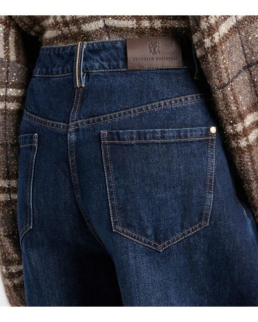 Brunello Cucinelli Blue Leather-Trimmed Barrel-Leg Jeans