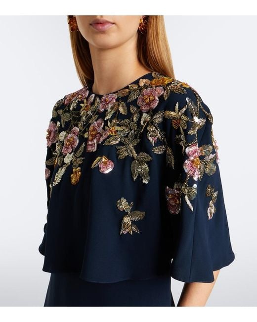 Oscar de la Renta Blue Embellished Silk-Blend Georgette Gown