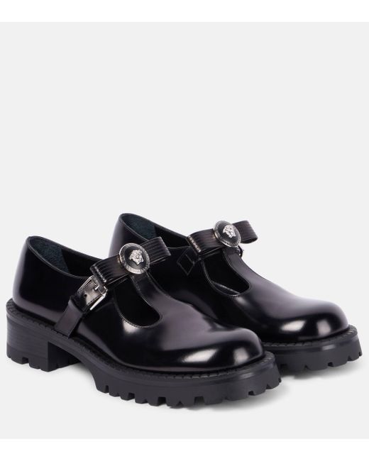 Versace Black Gianni Ribbon Leather Flats