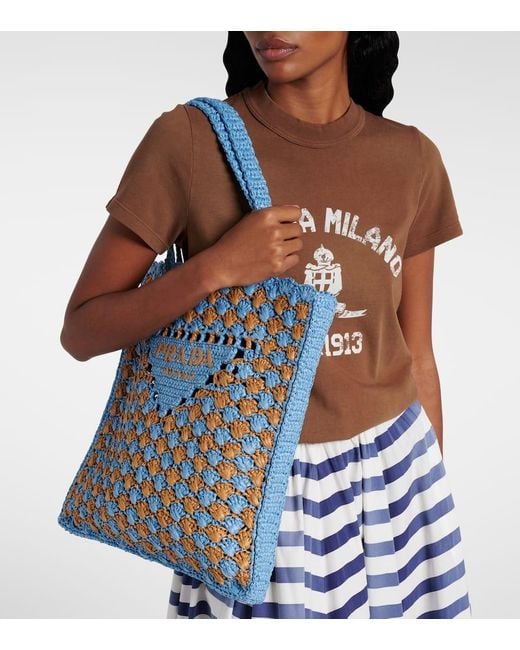 Prada Blue Light And Caramel Crochet Shopping Bag
