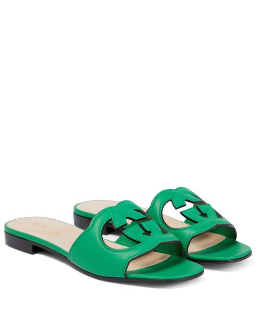 Gucci Interlocking G Cutout Leather Sandals in Green | Lyst