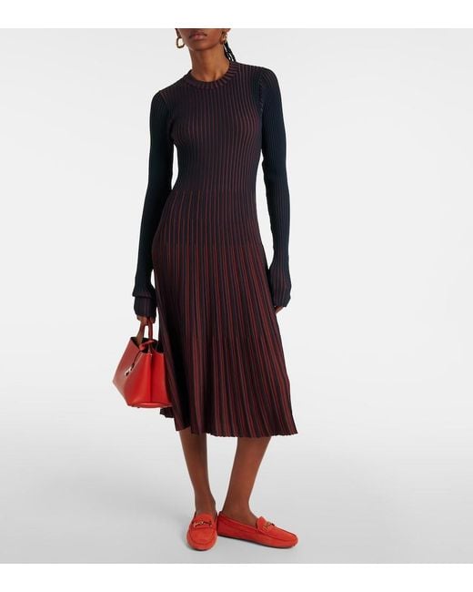 Tod's Blue Striped Pleated Ribbed-Knit Midi Dress