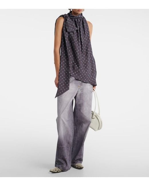 Acne Gray Bow-Detail Printed Asymmetric Silk Top
