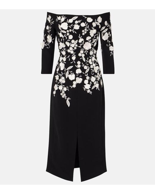 Carolina Herrera Black Embroidered Off-Shoulder Midi Dress