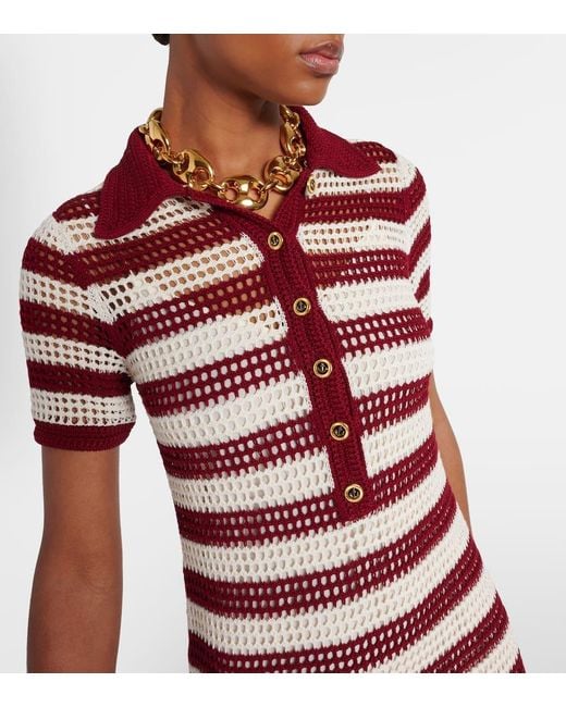 Gucci Red Open-Knit Striped Silk Polo Dress