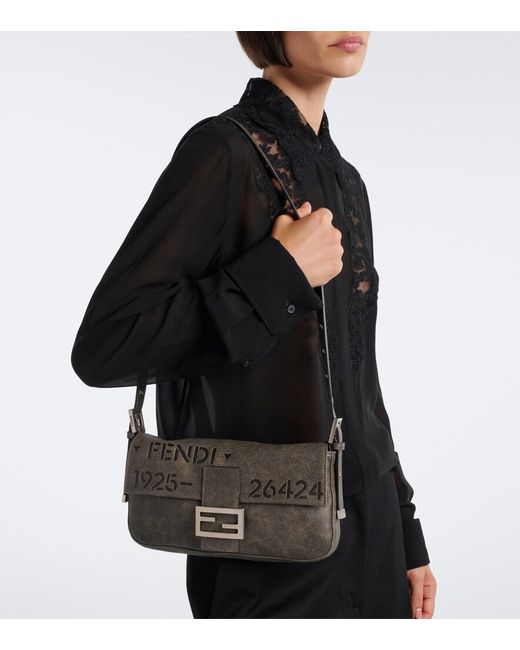 Fendi Black Baguette Biker Small Leather Shoulder Bag