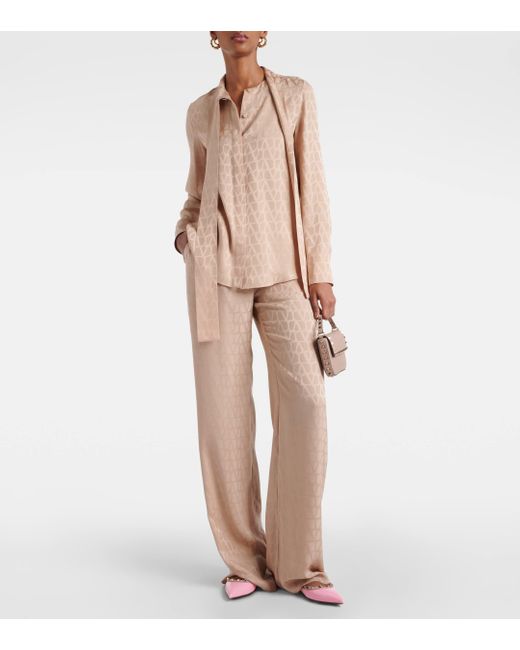 Valentino Natural Monogram Tie-neck Silk Blouse