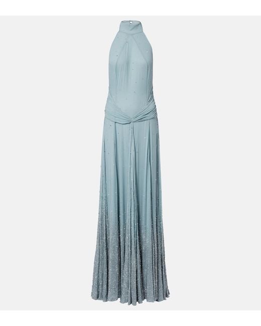 The New Arrivals Ilkyaz Ozel Blue Halo Embellished Draped Silk Gown