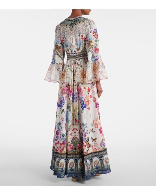 Camilla White Crystal-Embellished Ruffled Floral-Print Silk Maxi Dress