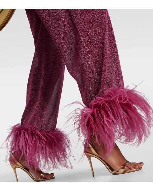 Oseree Red Lumiere Plumage Feather-Trimmed Lame Pants