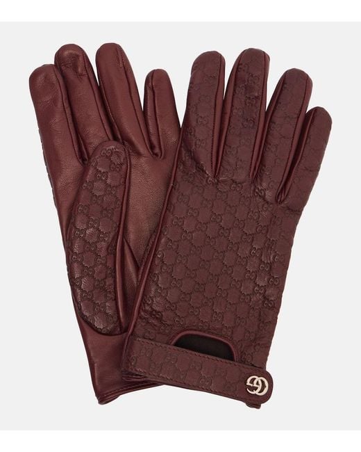 Gucci Red Double G Gg Debossed Leather Gloves