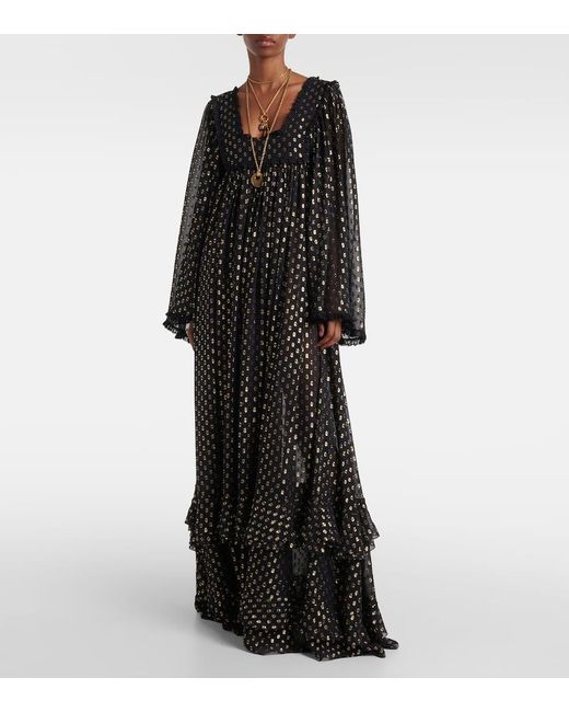 Chloé Black Schwarzes Maxikleid Mit Rüschen Aus Leichter Seide