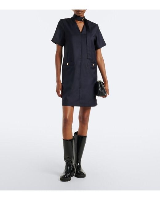 Moncler Blue Tie-Neck Virgin Wool Minidress