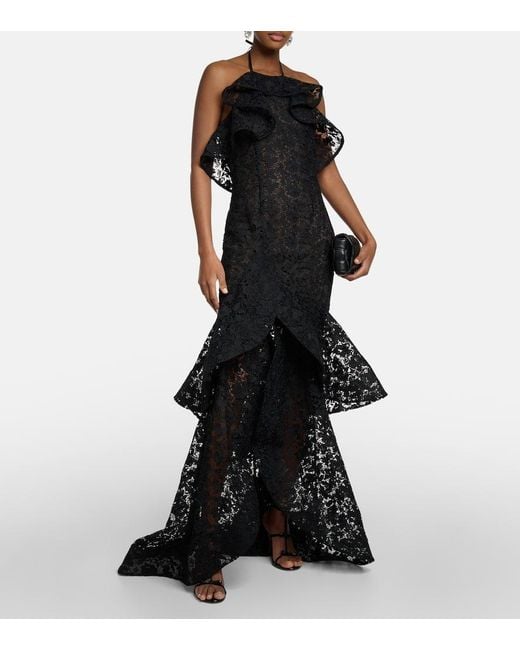 Oscar de la Renta Black Ruffled Guipure Lace Halterneck Gown