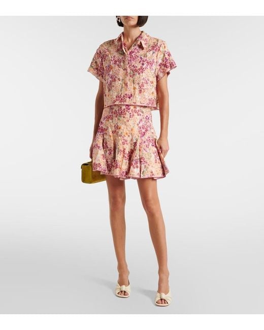 Agua Bendita Pink Cerezo Florecer Floral Linen Miniskirt