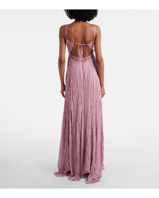 Blumarine Pink Lace-Trimmed Plisse Georgette Gown