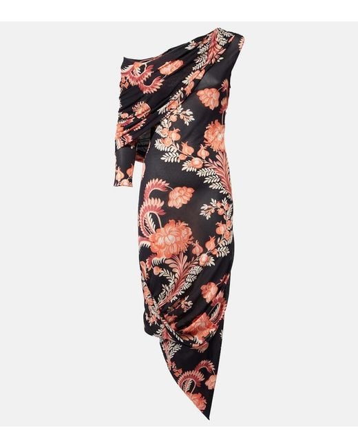 Etro Red Floral Draped Asymmetric Midi Dress