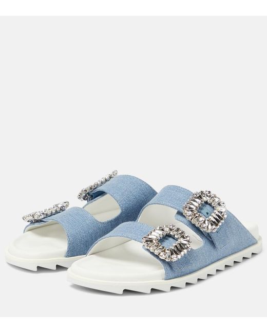 Roger Vivier Blue Slidy Viv' Embellished Denim Sandals