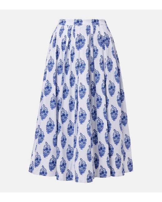 Carolina Herrera Blue Floral Cotton-Blend Midi Skirt