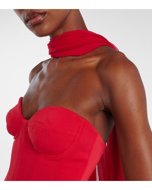 Monique Lhuillier Red Vermilion Crepe And Chiffon Corset Gown