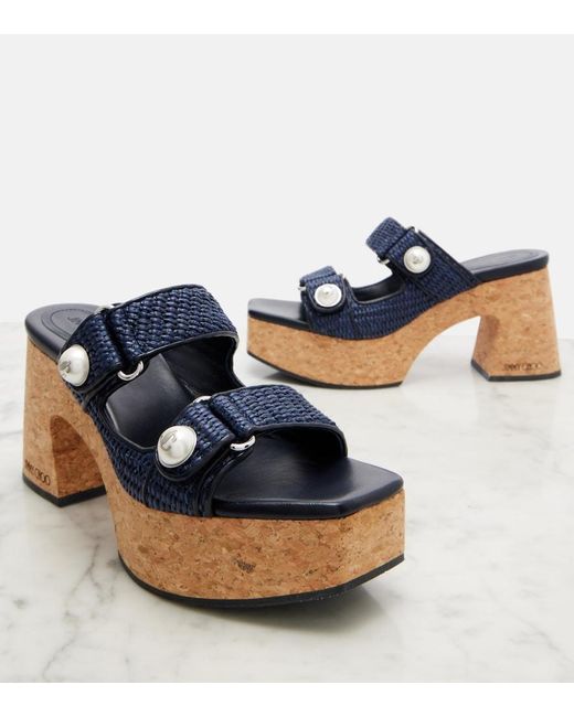Jimmy Choo Blue Fayence Raffia-Effect Platform Sandals