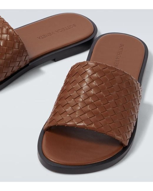 Bottega Veneta Brown Elio Intrecciato Leather Slides for men