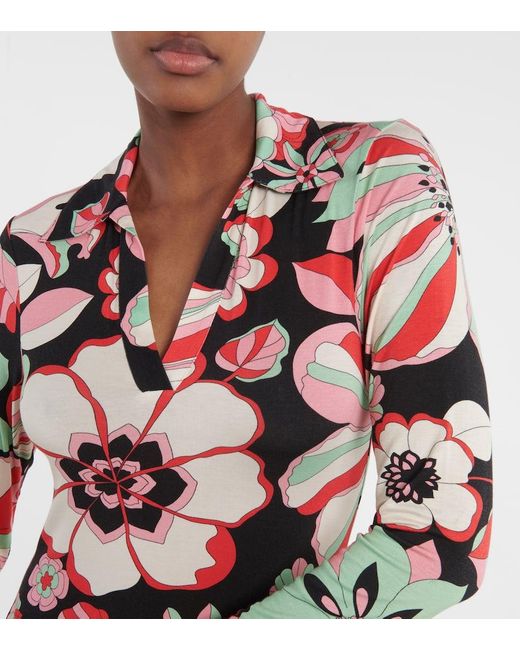 Rixo Red Tillie Floral Jersey Midi Dress