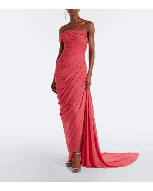 Oscar de la Renta Red Ruched Silk Georgette Gown