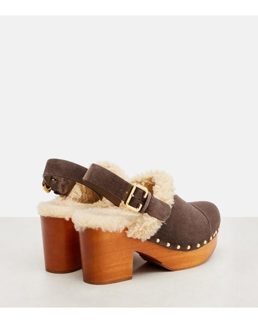 Chloé Brown Jeanette Suede Shearling-Lined Clogs