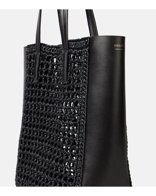 Khaite Black Zoe Small Leather-Trimmed Raffia Tote Bag