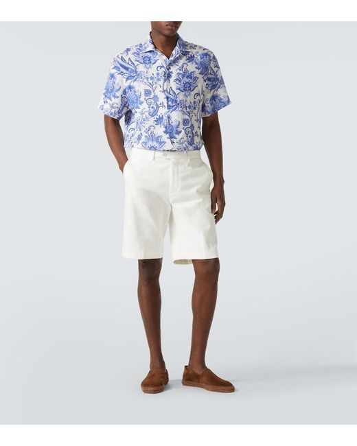 Etro Blue Paisley Linen Bowling Shirt for men