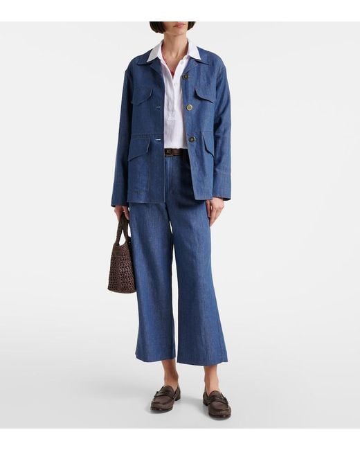 Max Mara Blue Dante Cotton And Linen Twill Wide-Leg Pants