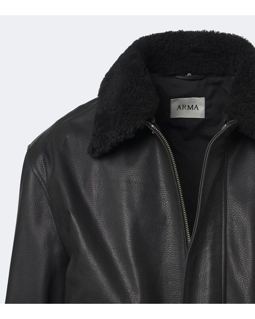 Arma Black Bari Teddy-Trimmed Leather Blouson Jacket for men