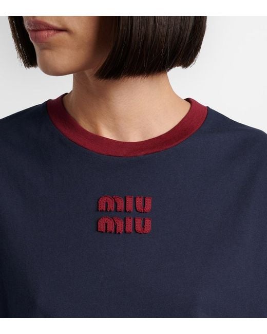 Miu Miu Blue Logo Cotton Jersey T-Shirt