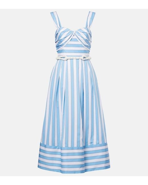 Rebecca Vallance Blue Nilah Striped Belted Cotton Midi Dress