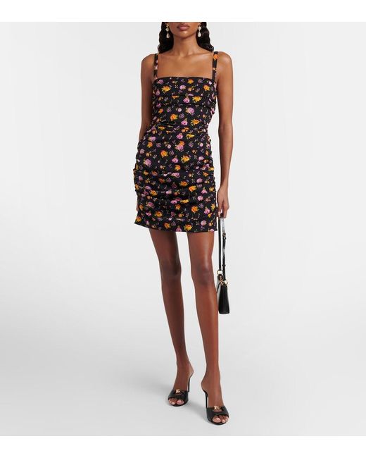 Dolce & Gabbana Black Small Rose Bouquets-Print Draped Charmeuse Dress