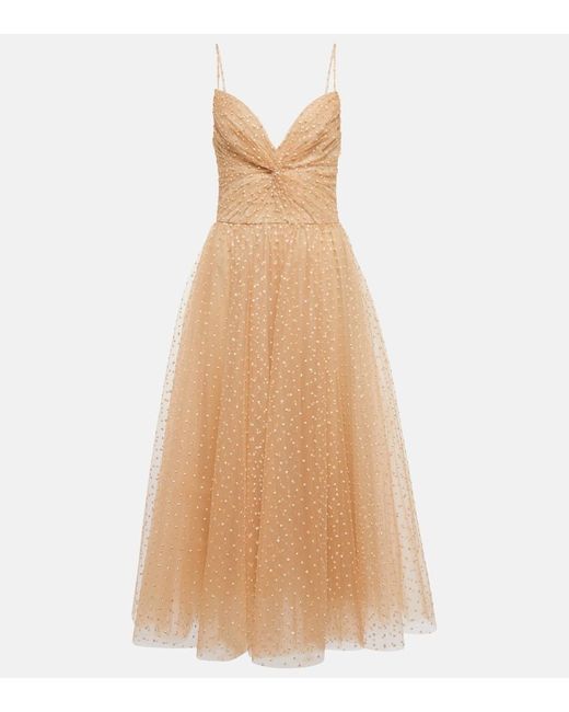 Monique Lhuillier Natural Crystal Tulle Silk-lined Cocktail Dress