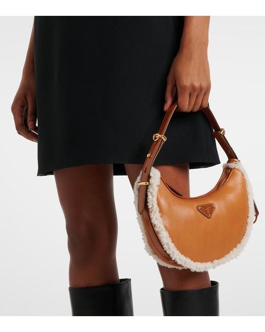 Prada Brown Arque Small Shearling-Trimmed Leather Shoulder Bag