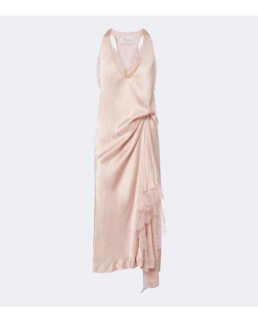 Maison Margiela Pink Gathered Lace-Trimmed Satin Slip Dress