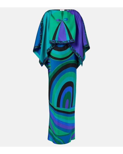Emilio Pucci Blue Layered Printed Silk-Twill Maxi Dress