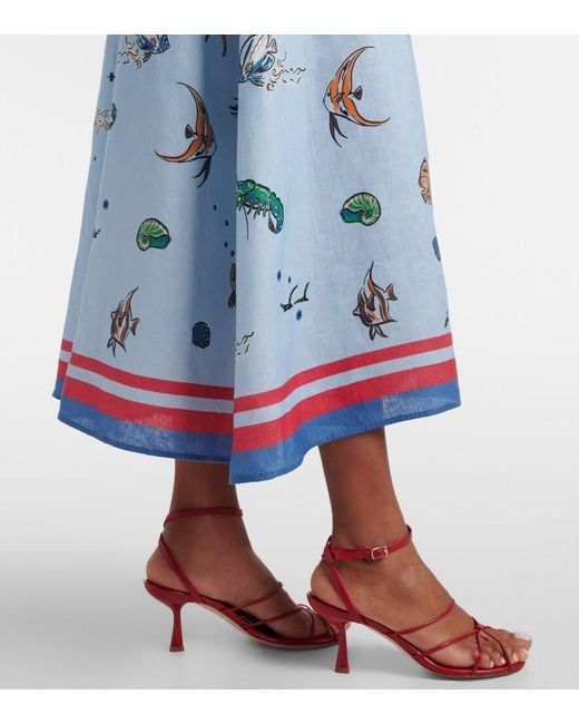 ALÉMAIS Blue Printed Linen Midi Dress