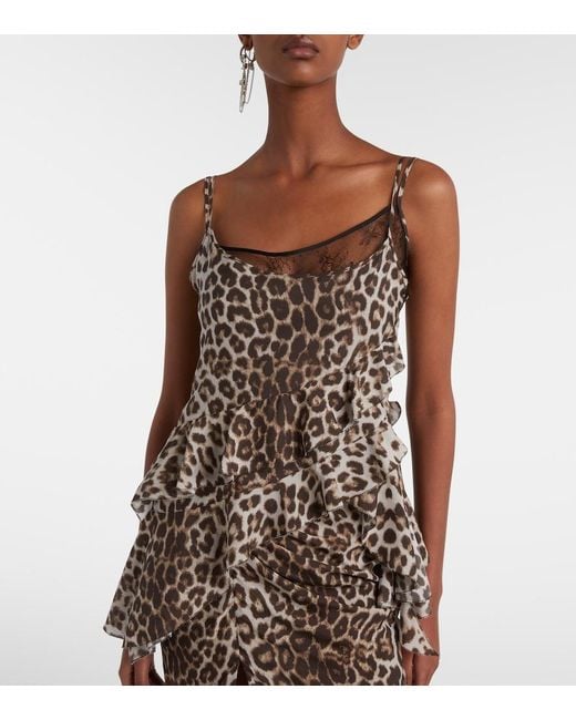 JACQUES WEI Brown Leopard-Print Ruffled Silk Camisole