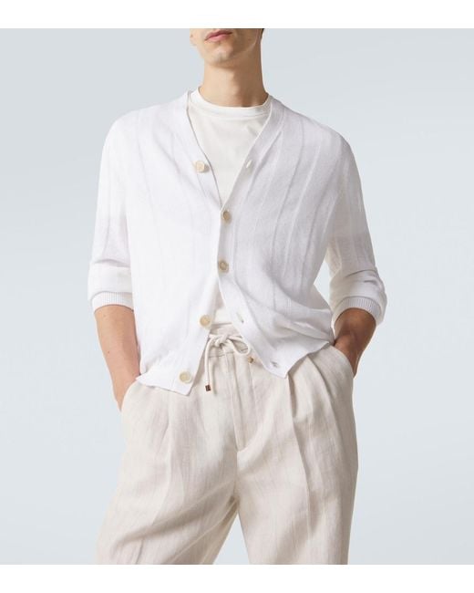 Brunello Cucinelli White Cotton And Linen Cardigan for men