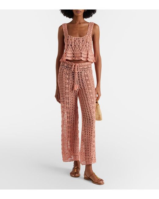 Anna Kosturova Pink Crochet Cotton Wide-Leg Pants