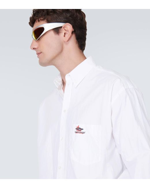 Balenciaga White Logo Embroidered Cotton Poplin Shirt for men