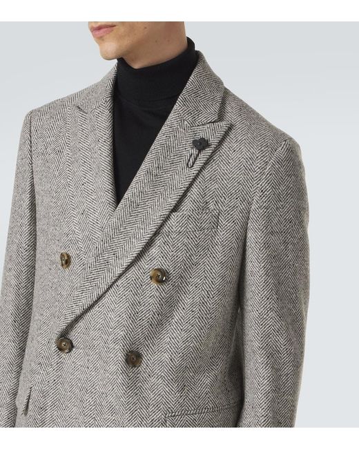 Lardini Gray Herringbone Double-Breasted Virgin Wool Coat for men