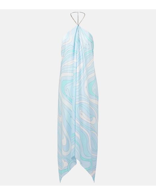 Emilio Pucci Blue Marmo Asymmetric Silk Twill Midi Dress