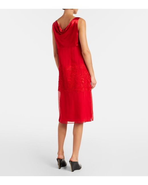 Ferragamo Red Draped Silk Midi Dress