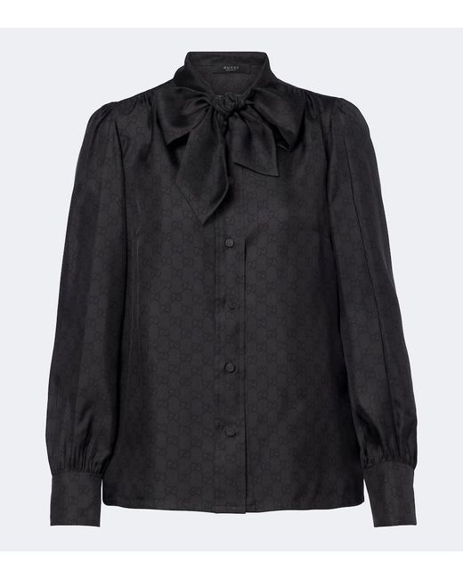 Gucci Black Gg Tie-Neck Silk Twill Blouse